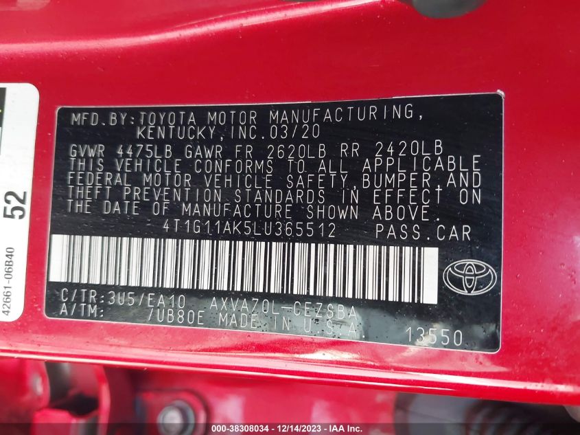 2020 TOYOTA CAMRY SE - 4T1G11AK5LU365512