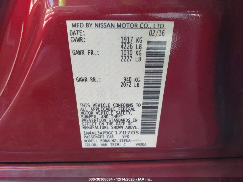 2016 NISSAN ALTIMA 2.5/2.5 S/2.5 SL/2.5 SR/2.5 SV - 1N4AL3AP9GC170705