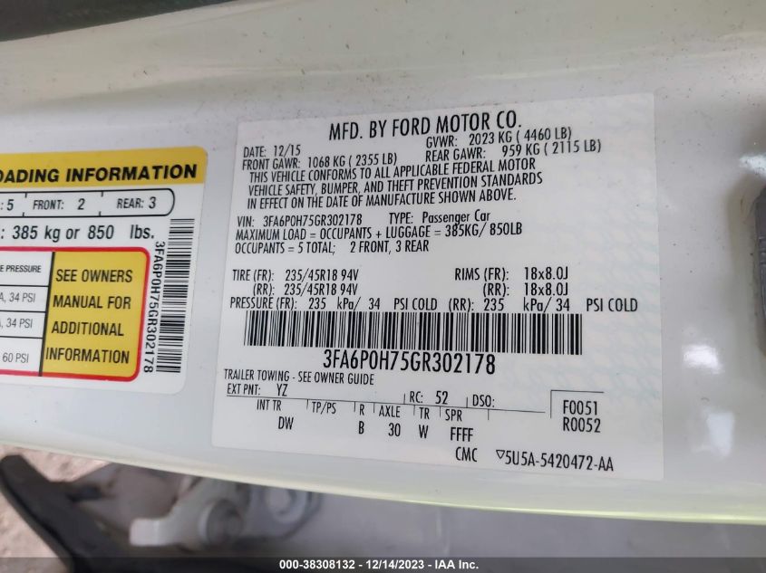 2016 FORD FUSION SE - 3FA6P0H75GR302178
