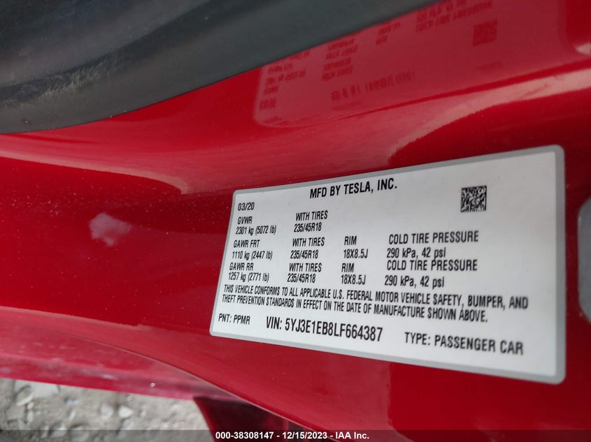 VIN 5YJ3E1EB8LF664387 2020 TESLA MODEL 3