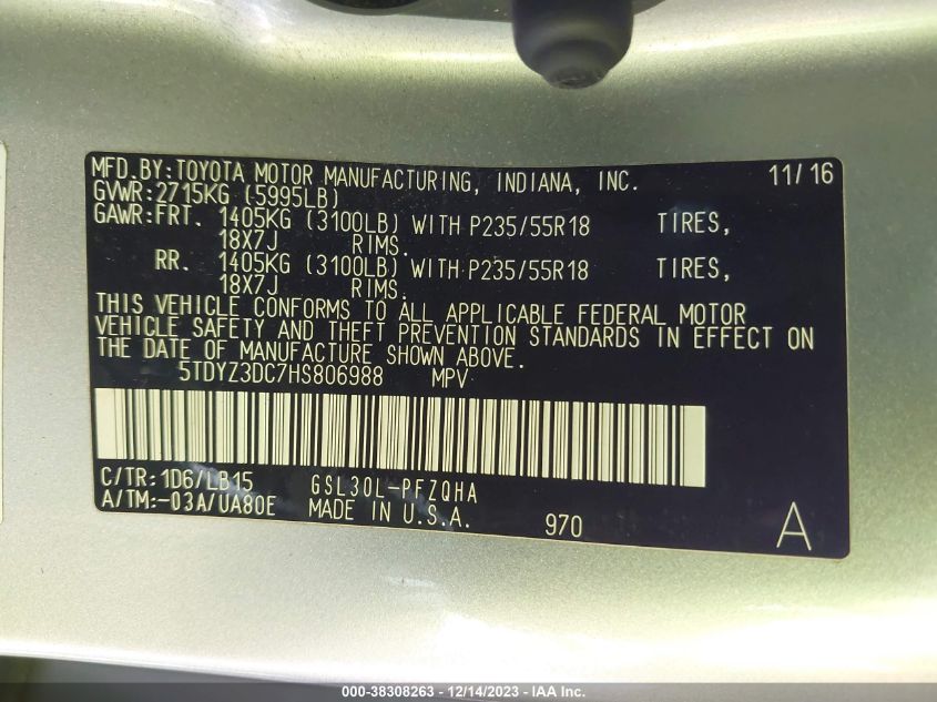 5TDYZ3DC7HS806988 2017 TOYOTA SIENNA, photo no. 9