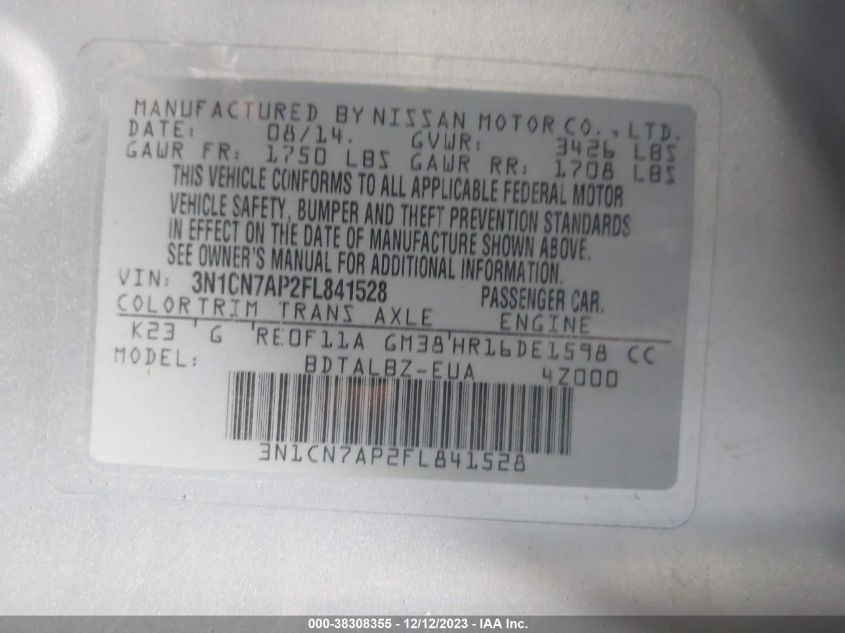 2015 NISSAN VERSA 1.6 SV - 3N1CN7AP2FL841528