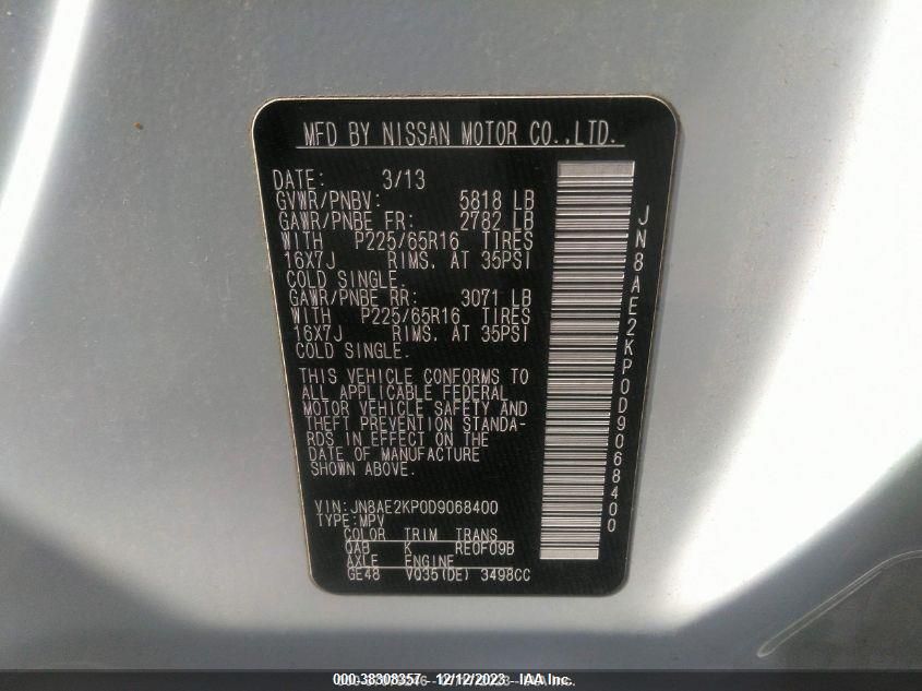 2013 NISSAN QUEST SV - JN8AE2KP0D9068400