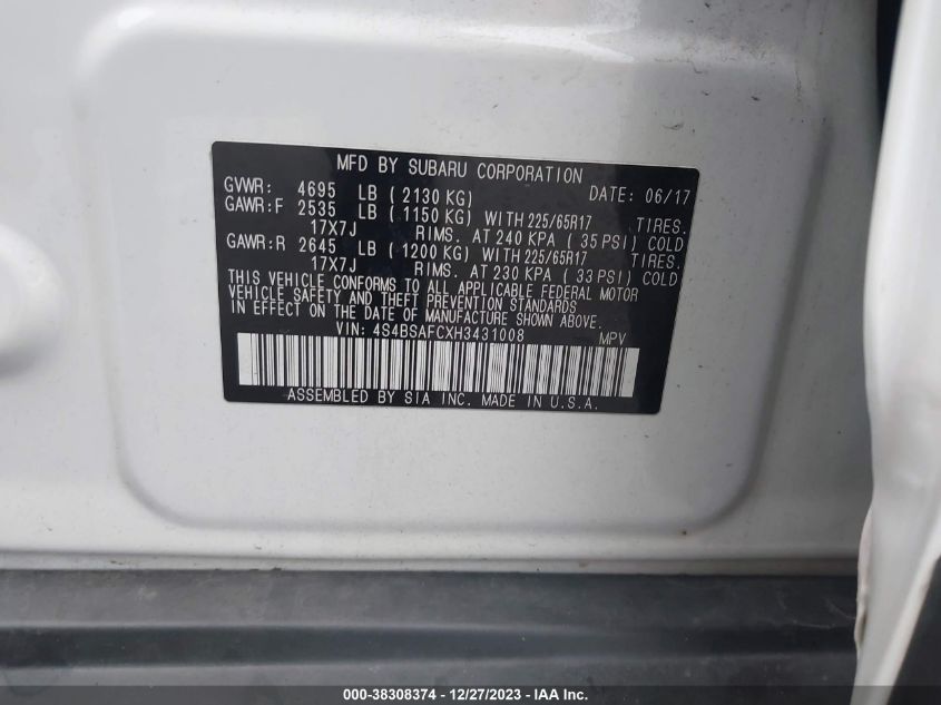 2017 SUBARU OUTBACK 2.5I PREMIUM - 4S4BSAFCXH3431008