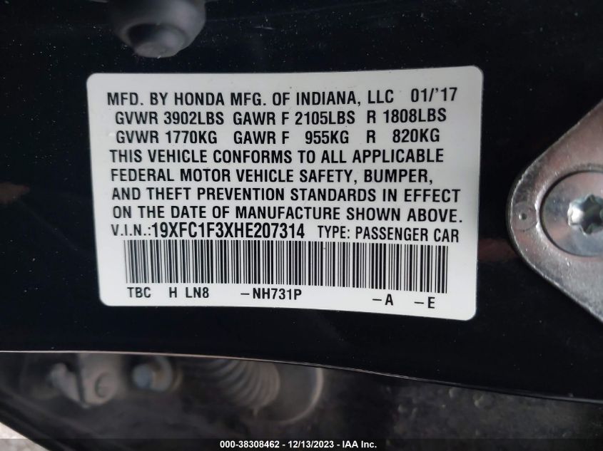 2017 HONDA CIVIC EX - 19XFC1F3XHE207314