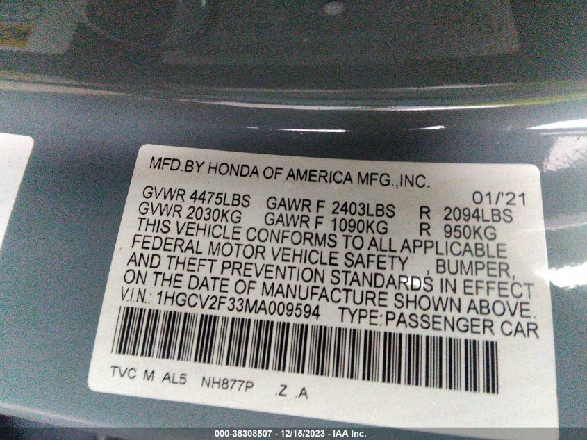 2021 HONDA ACCORD SPORT 2.0T - 1HGCV2F33MA009594