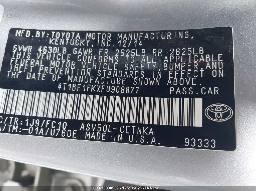 2015 TOYOTA CAMRY LE/XLE/SE/XSE - 4T1BF1FKXFU908877