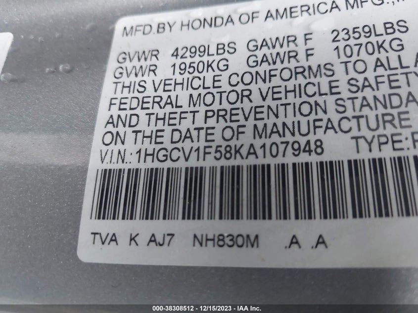VIN 1HGCV1F58KA107948 2019 HONDA ACCORD EX-L