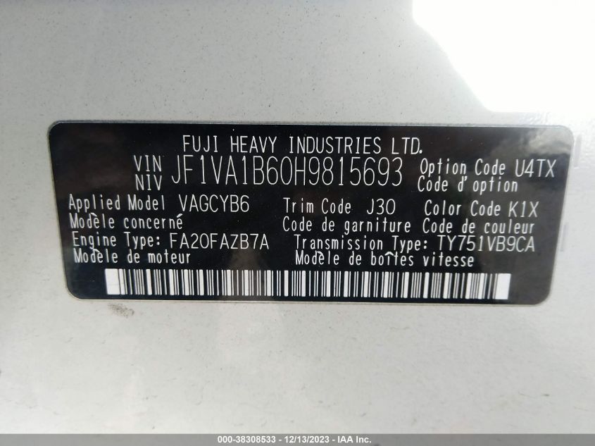 2017 SUBARU WRX - JF1VA1B60H9815693