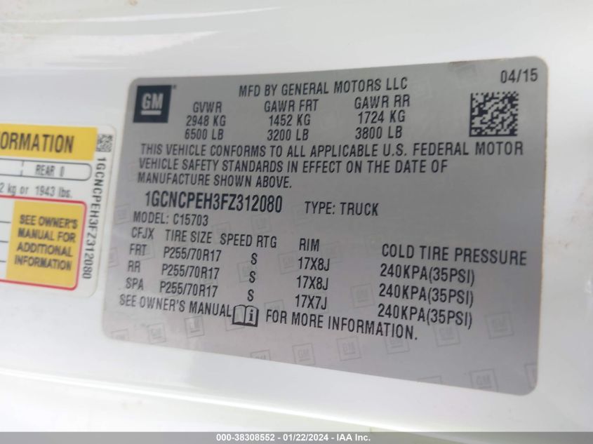 2015 CHEVROLET SILVERADO 1500 WT - 1GCNCPEH3FZ312080