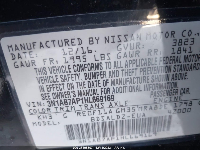 VIN 3N1AB7AP1HL669169 2017 NISSAN SENTRA SV
