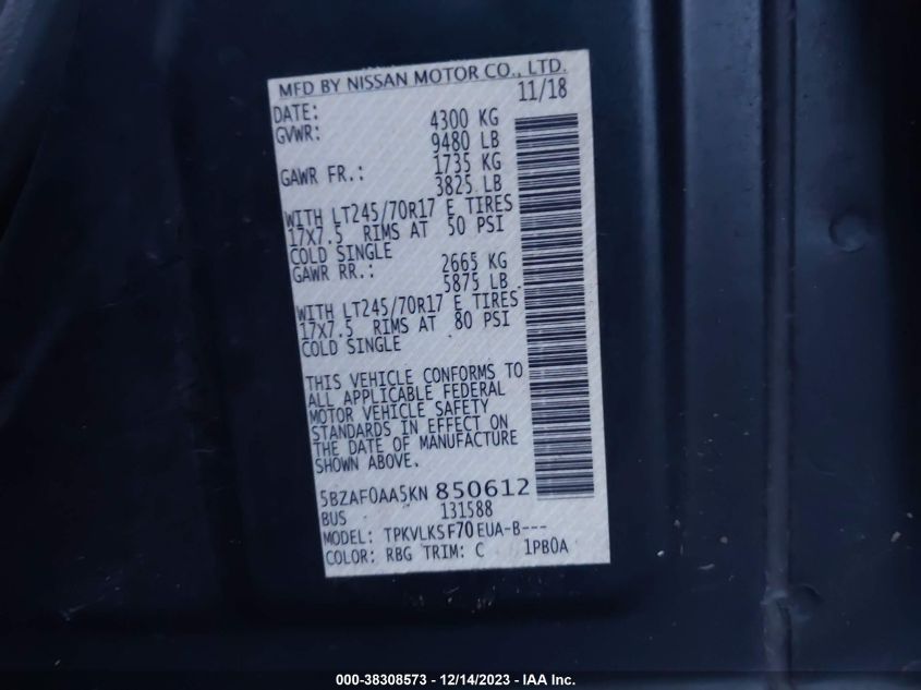 2019 NISSAN NV PASSENGER NV3500 HD SL V8 5BZAF0AA5KN850612