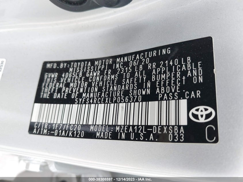 VIN 5YFS4RCEXLP056370 2020 TOYOTA COROLLA SE