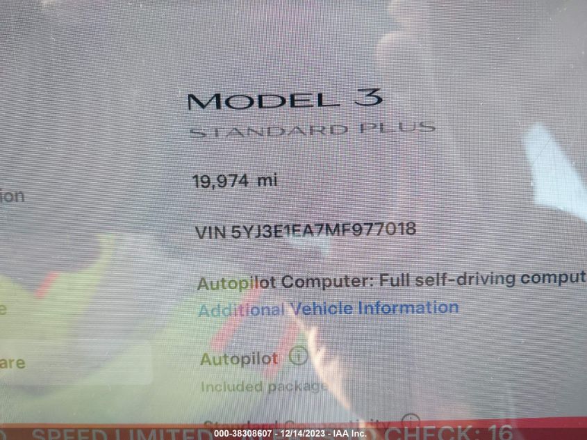 2021 TESLA MODEL 3 STANDARD RANGE PLUS REAR-WHEEL DRIVE - 5YJ3E1EA7MF977018