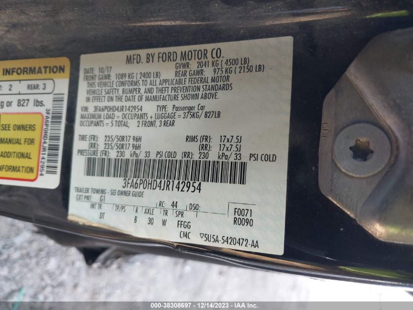 2018 FORD FUSION SE - 3FA6P0HD4JR142954