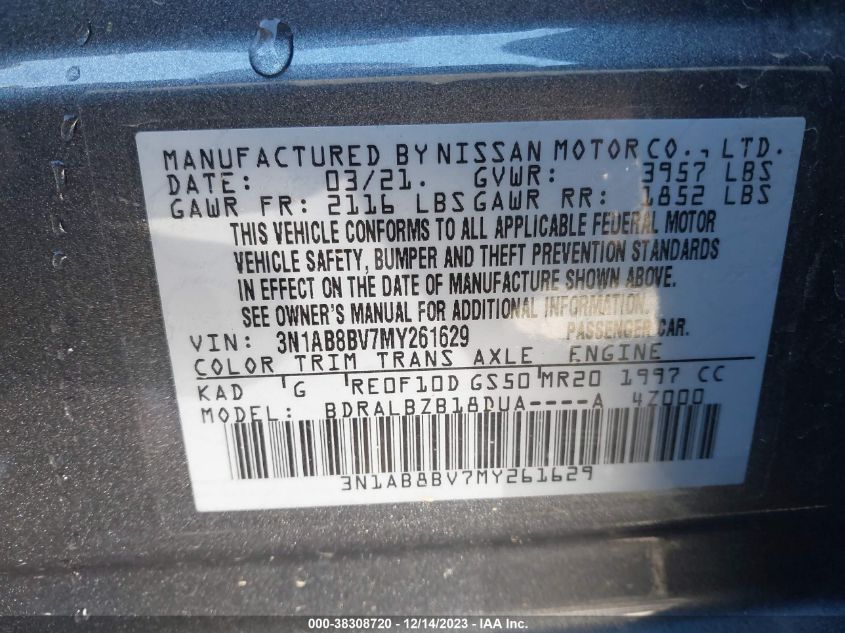 VIN 3N1AB8BV7MY261629 2021 NISSAN SENTRA S XTRONIC CVT