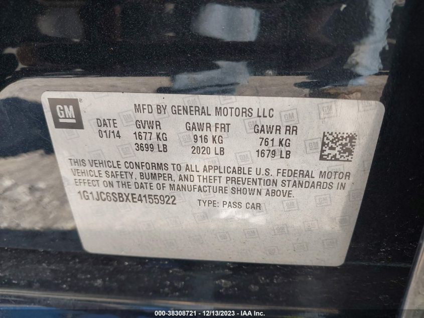 2014 CHEVROLET SONIC LT AUTO - 1G1JC6SBXE4155922