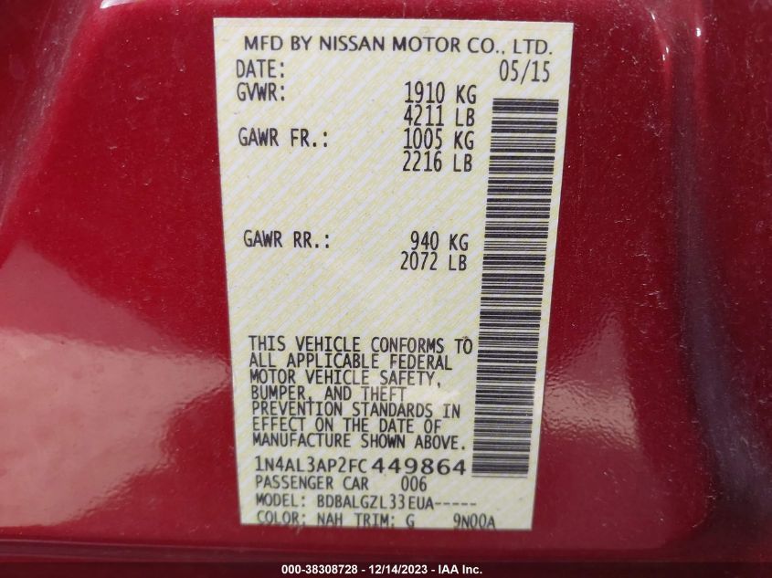 2015 NISSAN ALTIMA 2.5/2.5 S/2.5 SL/2.5 SV - 1N4AL3AP2FC449864