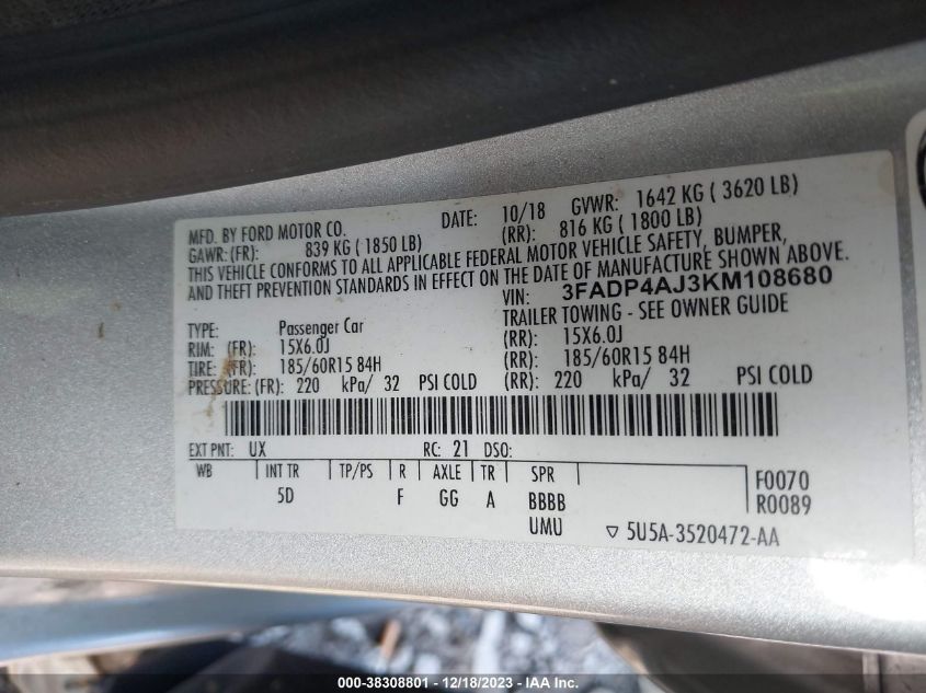 2019 FORD FIESTA S - 3FADP4AJ3KM108680