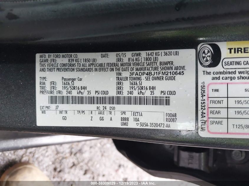 2015 FORD FIESTA SE - 3FADP4BJ1FM210645