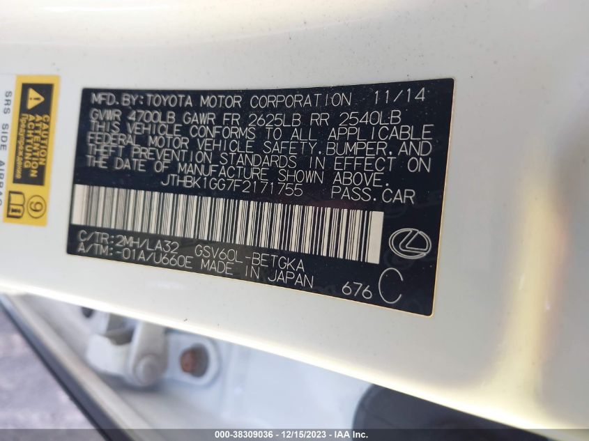 2015 LEXUS ES 350 CRAFTED LINE - JTHBK1GG7F2171755