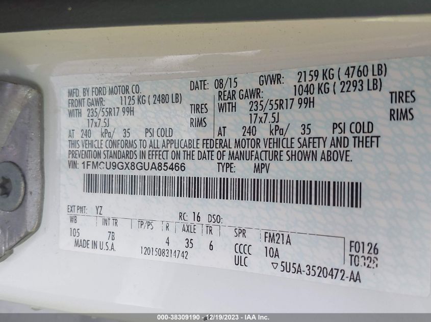 2016 FORD ESCAPE SE - 1FMCU9GX8GUA85466
