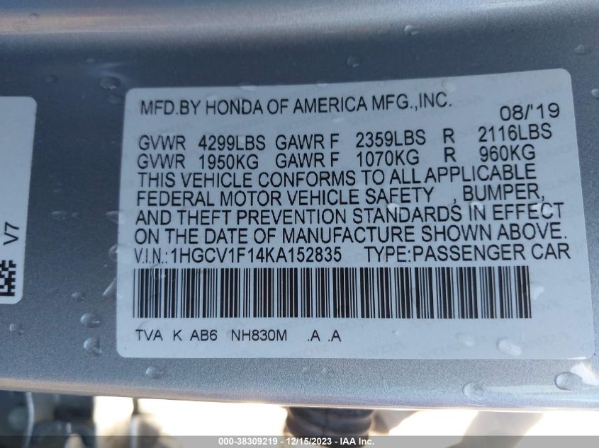 2019 HONDA ACCORD LX - 1HGCV1F14KA152835