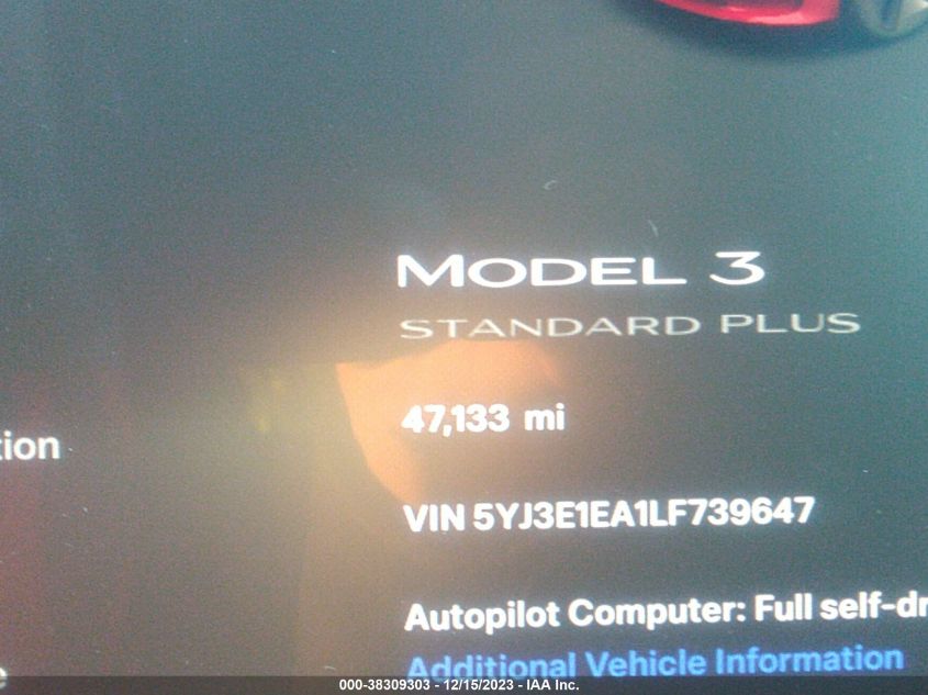 2020 TESLA MODEL 3 STANDARD RANGE PLUS REAR-WHEEL DRIVE/STANDARD RANGE REAR-WHEEL DRIVE - 5YJ3E1EA1LF739647