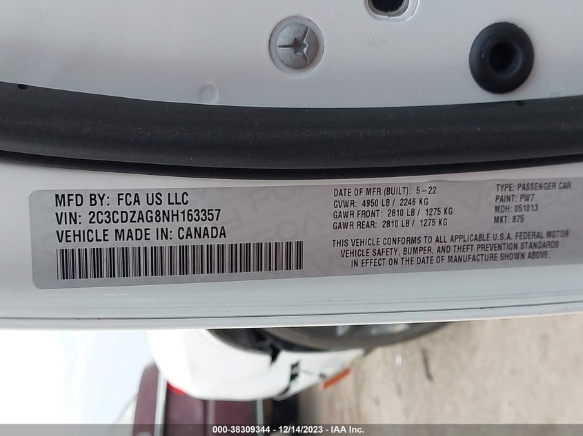 VIN 2C3CDZAG8NH163357 2022 DODGE CHALLENGER SXT