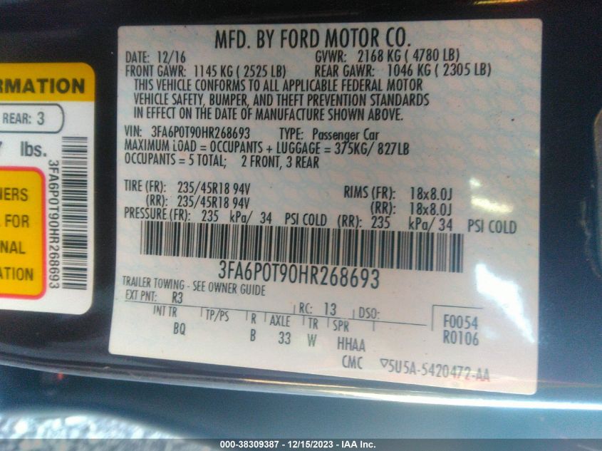 2017 FORD FUSION SE - 3FA6P0T90HR268693