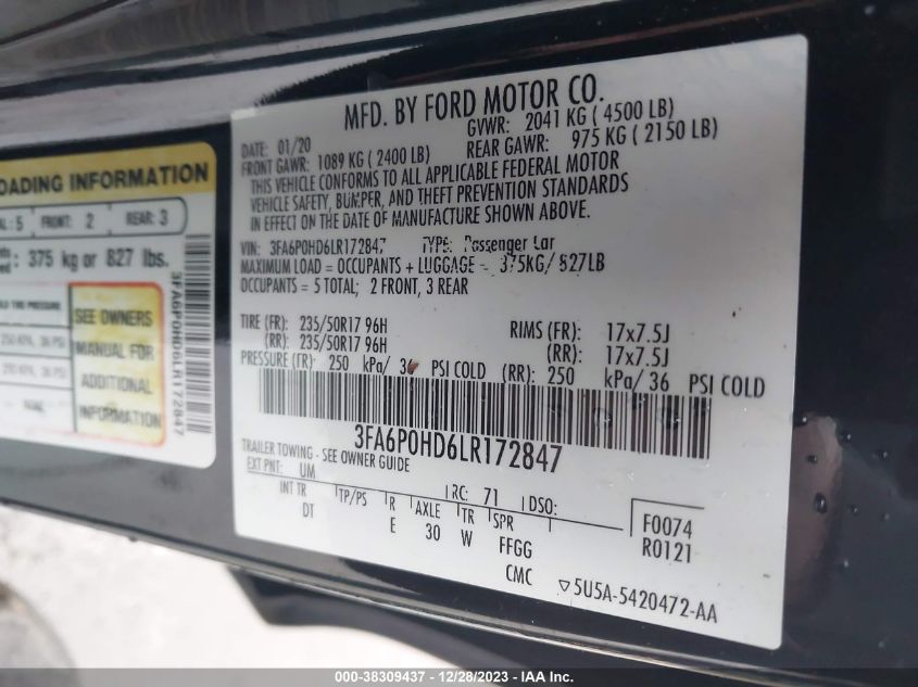 2020 FORD FUSION SE - 3FA6P0HD6LR172847