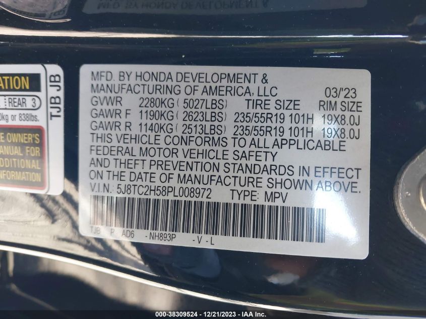 VIN: 5J8TC2H58PL008972 2023 ACURA RDX TECHNOLOGY
