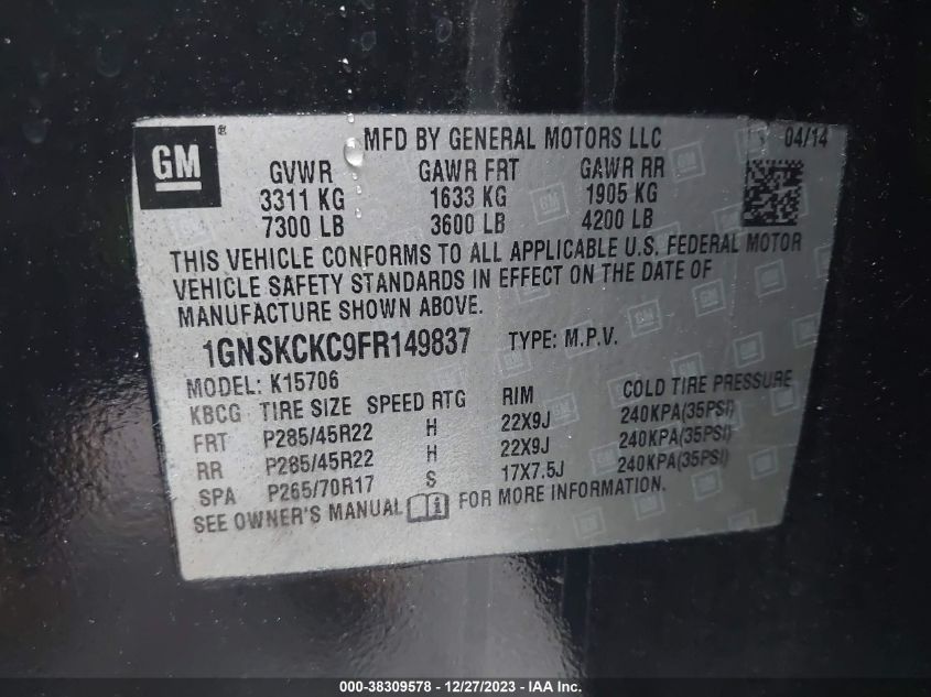 2015 CHEVROLET TAHOE LTZ - 1GNSKCKC9FR149837