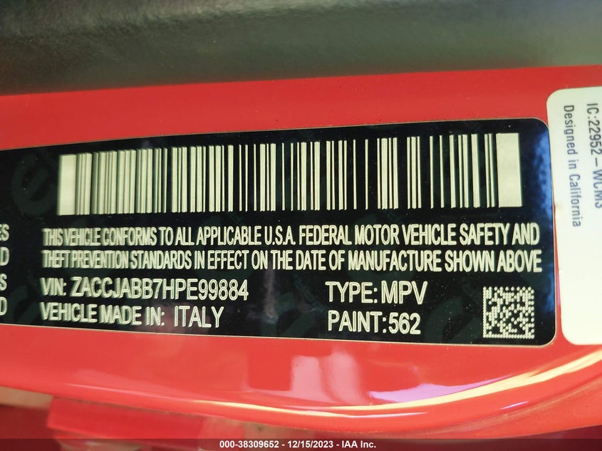 VIN ZACCJABB7HPE99884 2017 JEEP RENEGADE LATITUDE FWD