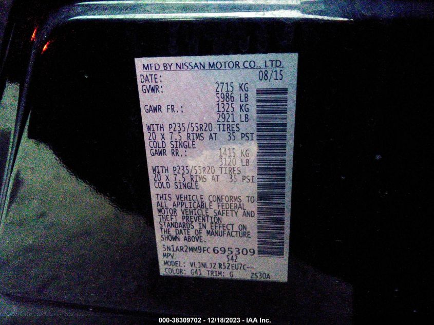 2015 NISSAN PATHFINDER PLATINUM - 5N1AR2MM9FC695309