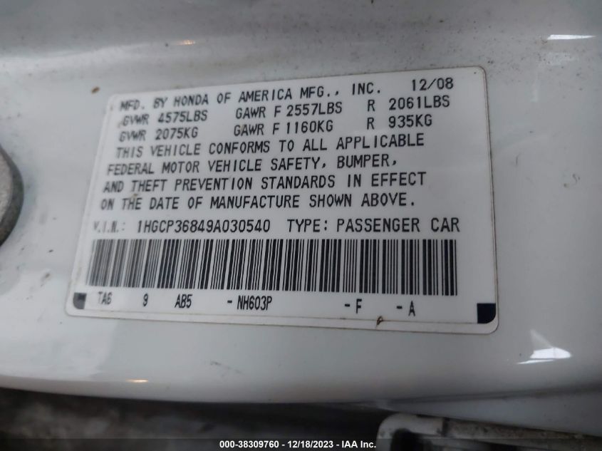 1HGCP36849A030540 | 2009 HONDA ACCORD