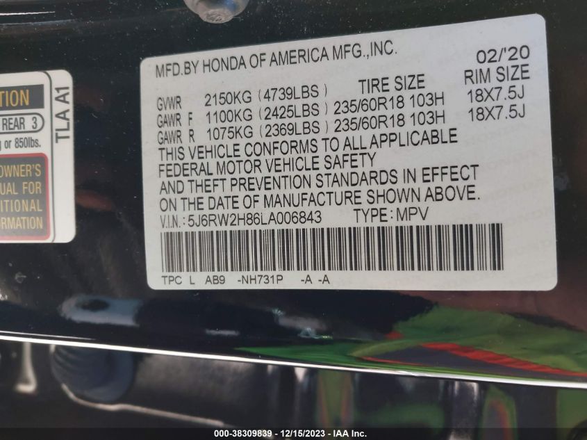 2020 HONDA CR-V EXL - 5J6RW2H86LA006843