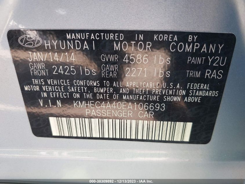 2014 HYUNDAI SONATA HYBRID LIMITED - KMHEC4A40EA106693