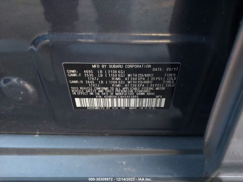 2017 SUBARU OUTBACK 2.5I PREMIUM - 4S4BSACC8H3403860