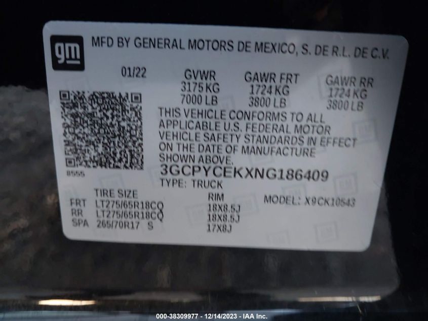 2022 CHEVROLET SILVERADO 1500 LTD 4WD  SHORT BED CUSTOM TRAIL BOSS 3GCPYCEKXNG186409