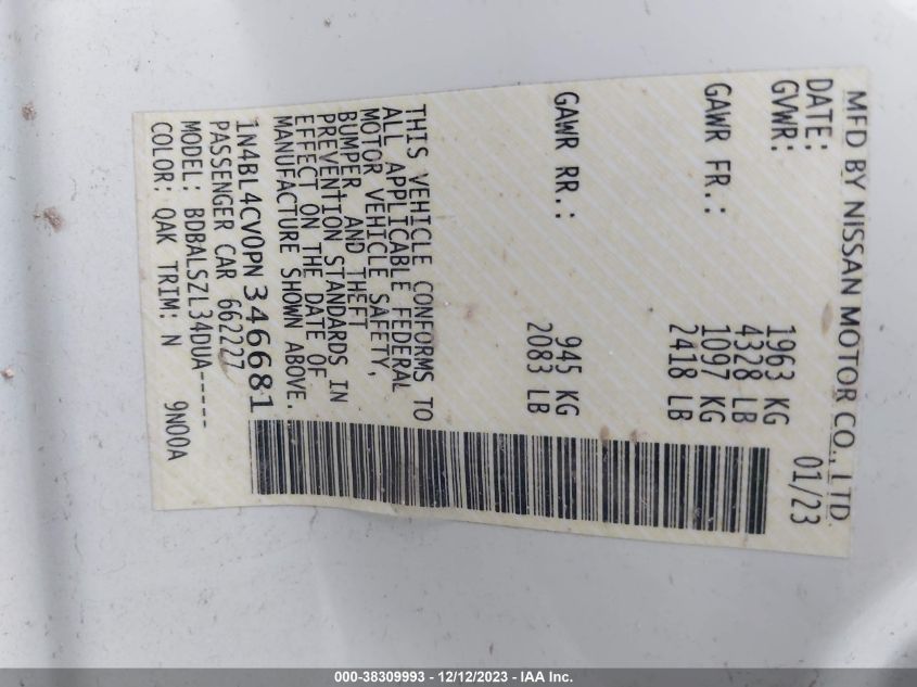 2023 NISSAN ALTIMA SR FWD - 1N4BL4CV0PN346681