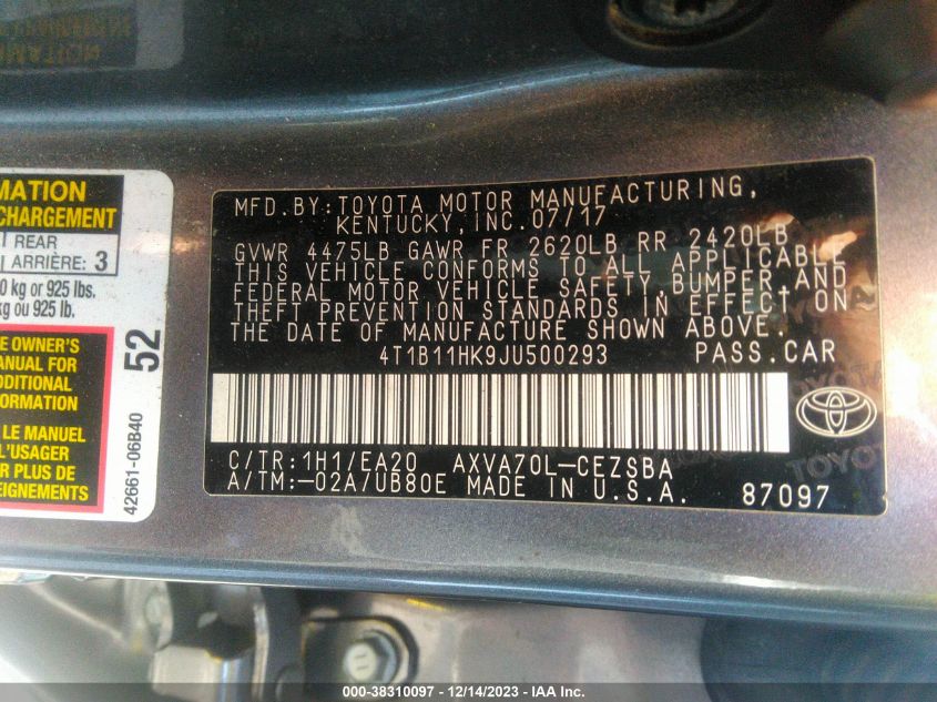 2018 TOYOTA CAMRY SE - 4T1B11HK9JU500293