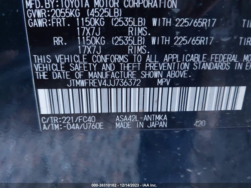 VIN JTMWFREV4JJ736372 2018 TOYOTA RAV4 XLE