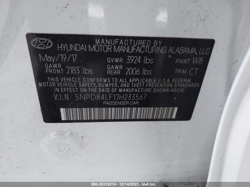VIN 5NPD84LF1JH233567 2018 HYUNDAI ELANTRA SEL