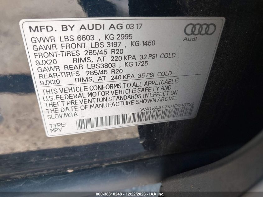 WA1VAAF7XHD048729 2017 AUDI Q7, photo no. 9