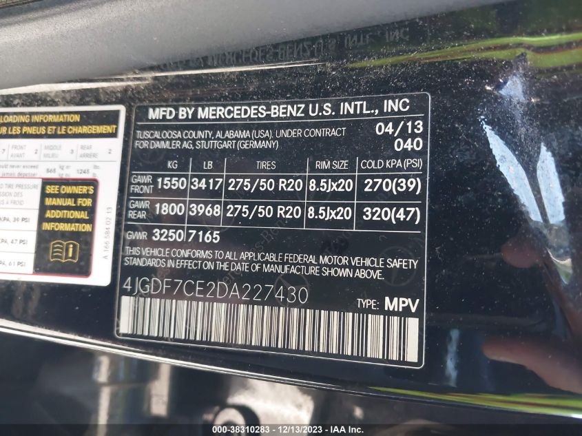 2013 MERCEDES-BENZ GL 450 4MATIC 4JGDF7CE2DA227430