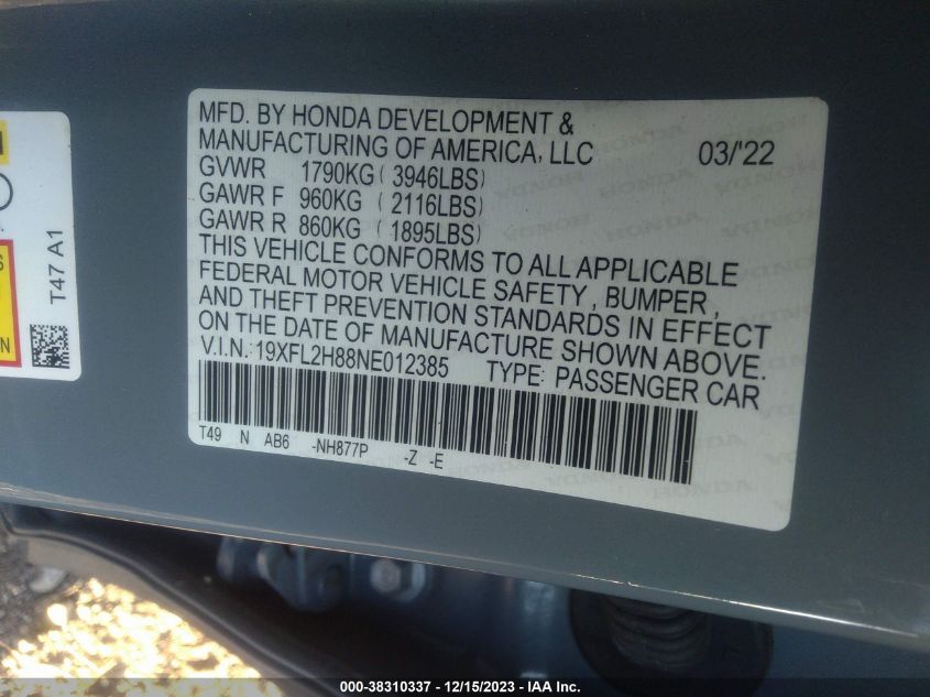 2022 HONDA CIVIC SPORT - 19XFL2H88NE012385