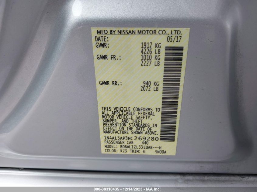 2017 NISSAN ALTIMA 2.5 SV - 1N4AL3AP3HC269280