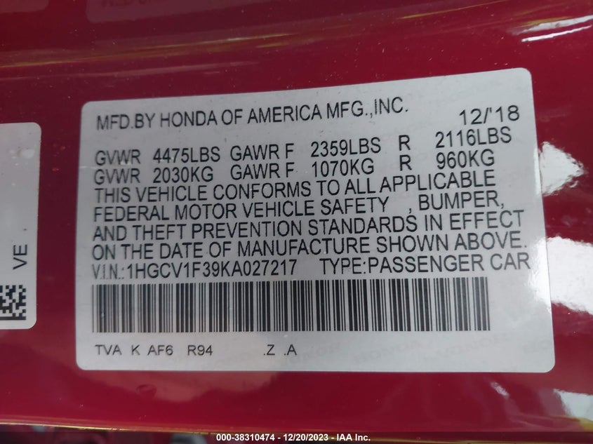 VIN 1HGCV1F39KA027217 2019 HONDA ACCORD SPORT