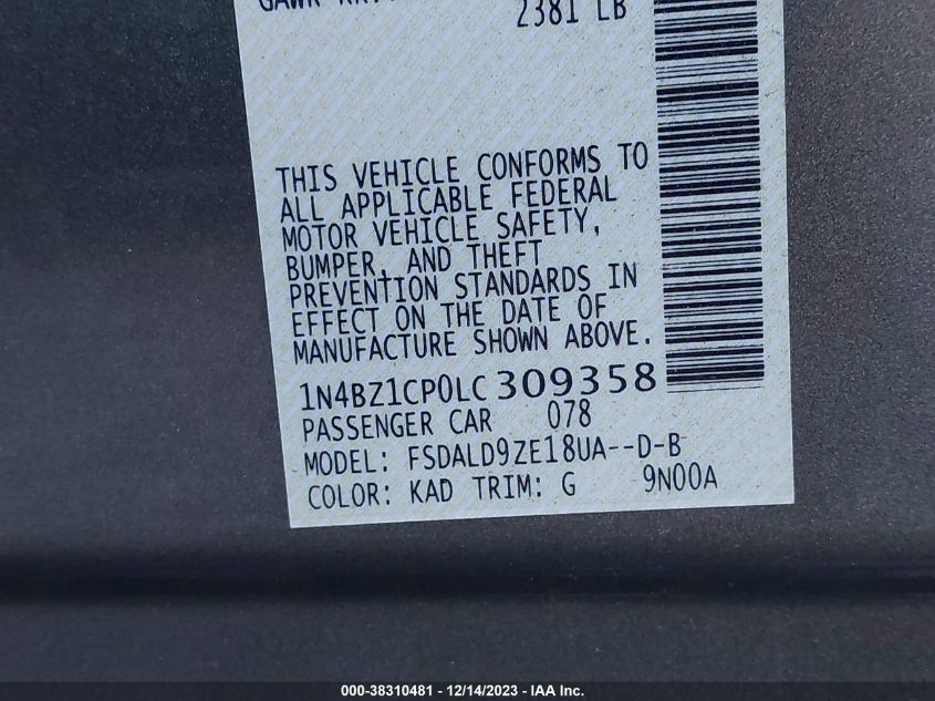 VIN 1N4BZ1CP0LC309358 2020 NISSAN LEAF SV PLUS 62 KWH